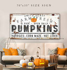 Farm Fresh Pumpkins Sign Hayrides Corn Maze Hot Cider handmade by ToeFishArt. Original, custom, personalized wall decor signs. Canvas, Wood or Metal. Rustic modern farmhouse, cottagecore, vintage, retro, industrial, Americana, primitive, country, coastal, minimalist.