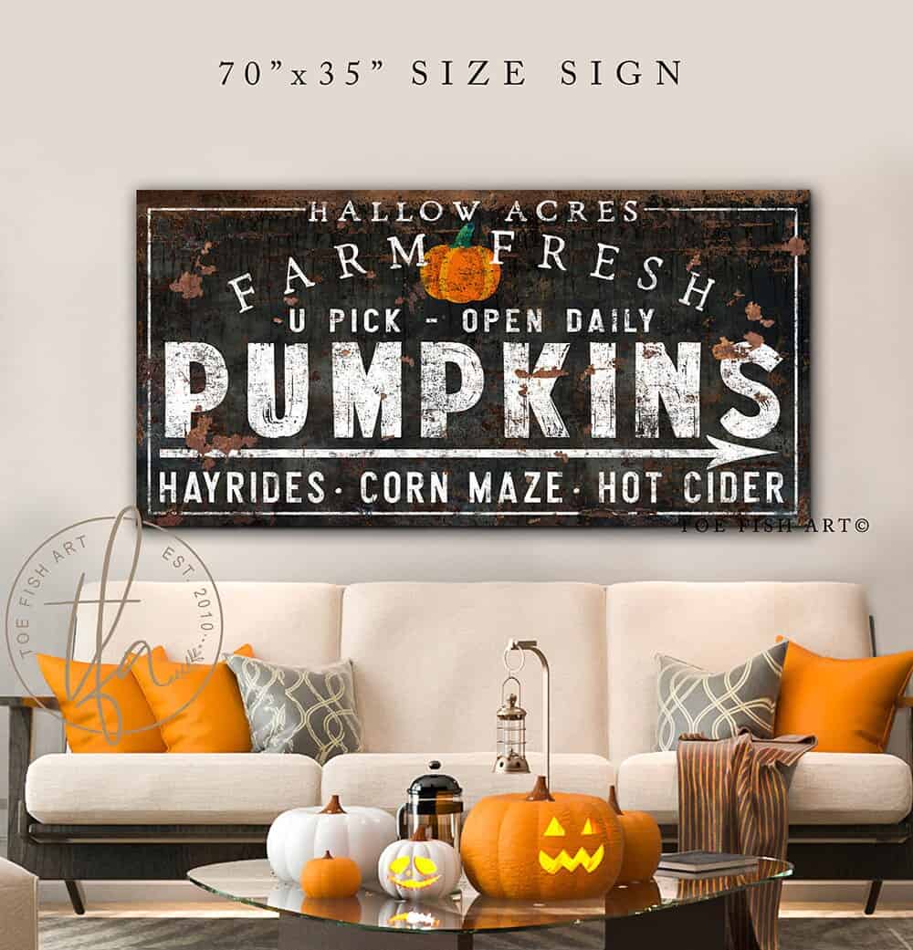 Farm Fresh Pumpkins Sign Hayrides Corn Maze Hot Cider handmade by ToeFishArt. Original, custom, personalized wall decor signs. Canvas, Wood or Metal. Rustic modern farmhouse, cottagecore, vintage, retro, industrial, Americana, primitive, country, coastal, minimalist.
