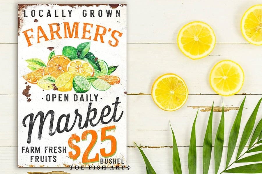 Farmer's Market Sign handmade by ToeFishArt. Original, custom, personalized wall decor signs. Canvas, Wood or Metal. Rustic modern farmhouse, cottagecore, vintage, retro, industrial, Americana, primitive, country, coastal, minimalist.