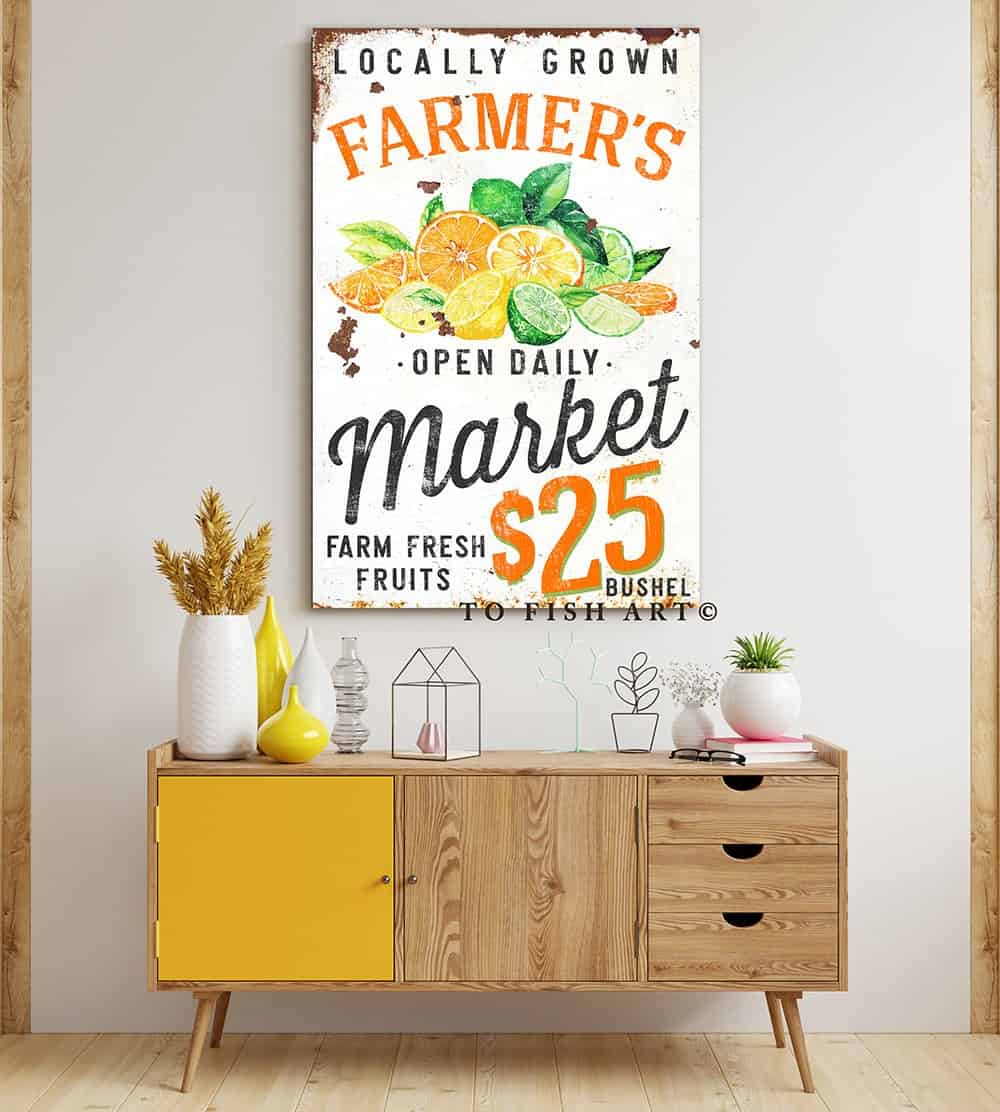 Farmer's Market Sign handmade by ToeFishArt. Original, custom, personalized wall decor signs. Canvas, Wood or Metal. Rustic modern farmhouse, cottagecore, vintage, retro, industrial, Americana, primitive, country, coastal, minimalist.