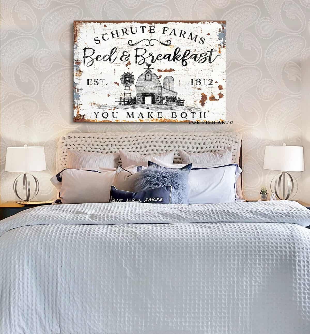 Farmhouse Bed & Breakfast Sign handmade by ToeFishArt. Original, custom, personalized wall decor signs. Canvas, Wood or Metal. Rustic modern farmhouse, cottagecore, vintage, retro, industrial, Americana, primitive, country, coastal, minimalist.