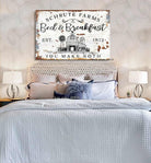 Farmhouse Bed & Breakfast Sign handmade by ToeFishArt. Original, custom, personalized wall decor signs. Canvas, Wood or Metal. Rustic modern farmhouse, cottagecore, vintage, retro, industrial, Americana, primitive, country, coastal, minimalist.