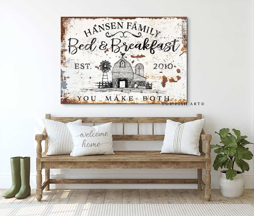 Farmhouse Bed & Breakfast Sign handmade by ToeFishArt. Original, custom, personalized wall decor signs. Canvas, Wood or Metal. Rustic modern farmhouse, cottagecore, vintage, retro, industrial, Americana, primitive, country, coastal, minimalist.