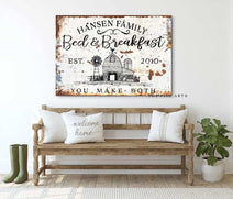 Farmhouse Bed & Breakfast Sign handmade by ToeFishArt. Original, custom, personalized wall decor signs. Canvas, Wood or Metal. Rustic modern farmhouse, cottagecore, vintage, retro, industrial, Americana, primitive, country, coastal, minimalist.