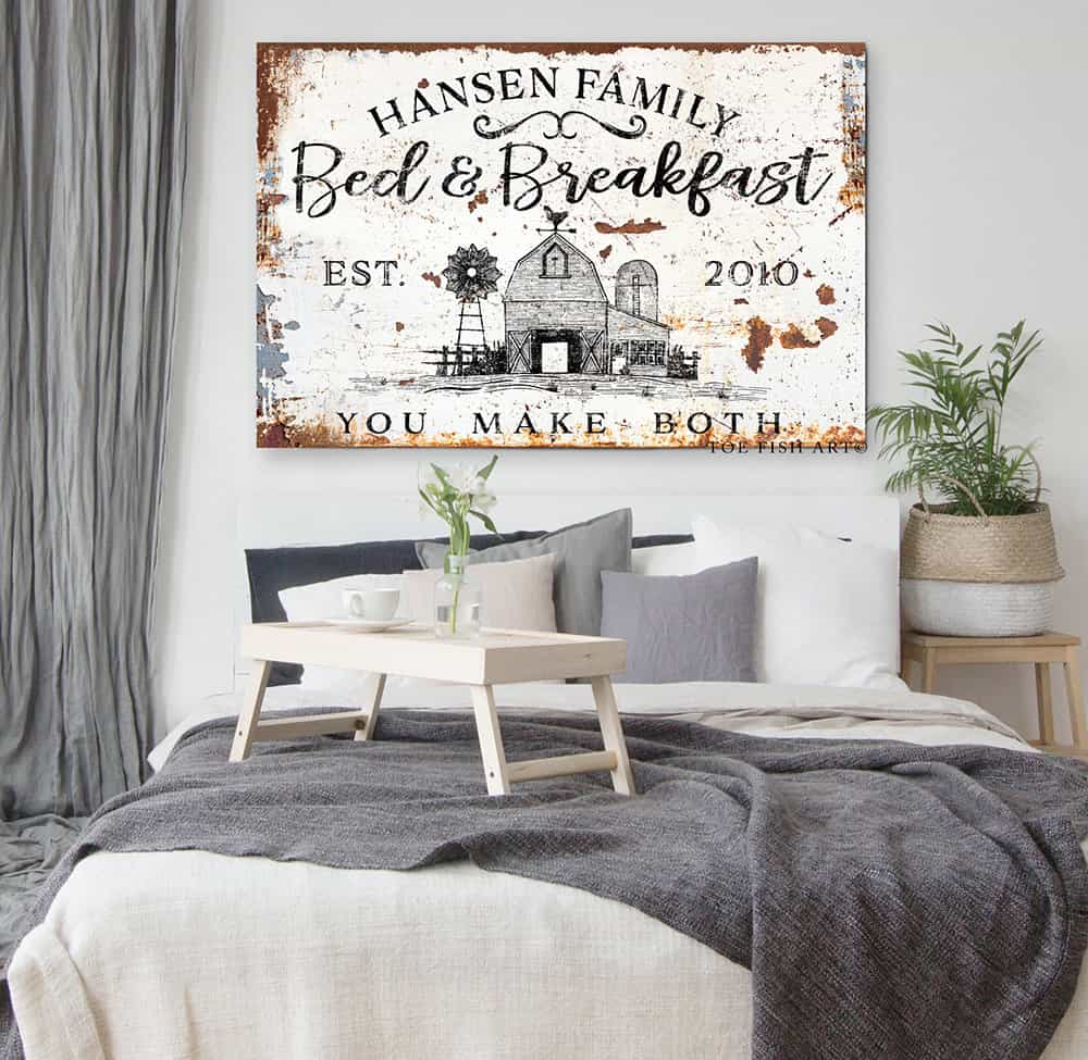 Farmhouse Bed & Breakfast Sign handmade by ToeFishArt. Original, custom, personalized wall decor signs. Canvas, Wood or Metal. Rustic modern farmhouse, cottagecore, vintage, retro, industrial, Americana, primitive, country, coastal, minimalist.