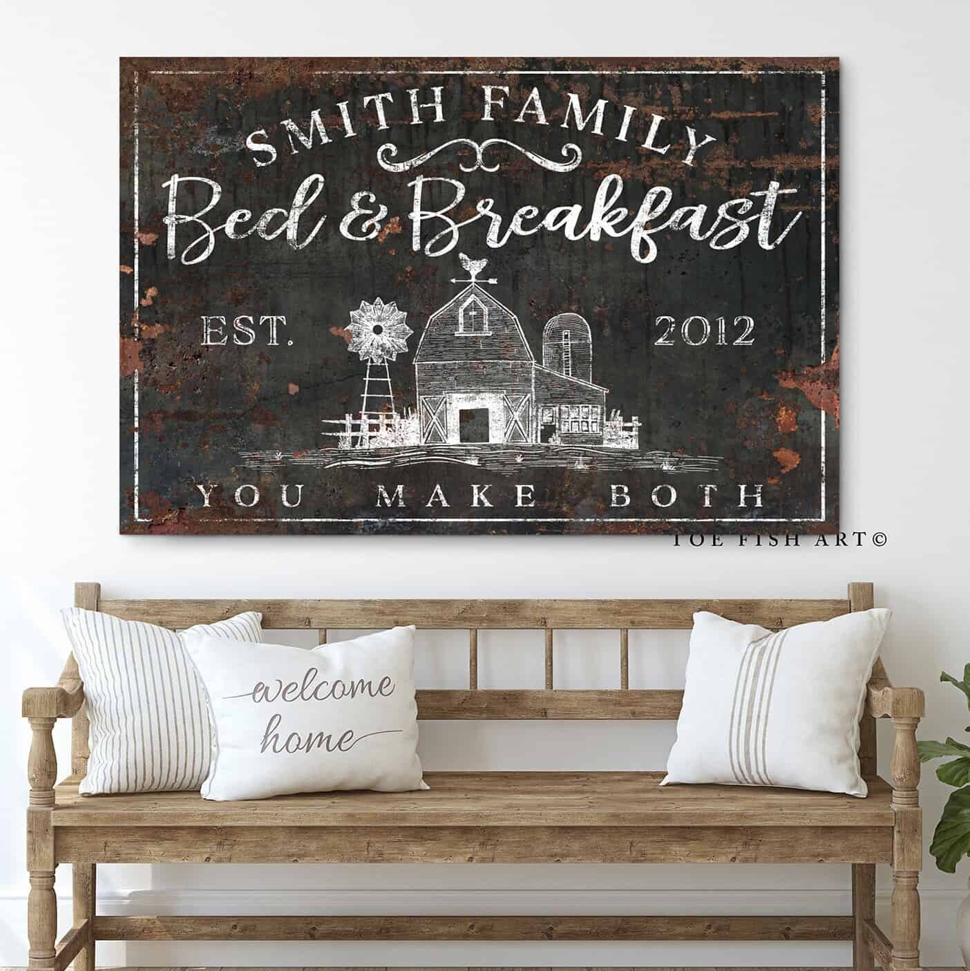 Farmhouse Bed & Breakfast Sign handmade by ToeFishArt. Original, custom, personalized wall decor signs. Canvas, Wood or Metal. Rustic modern farmhouse, cottagecore, vintage, retro, industrial, Americana, primitive, country, coastal, minimalist.