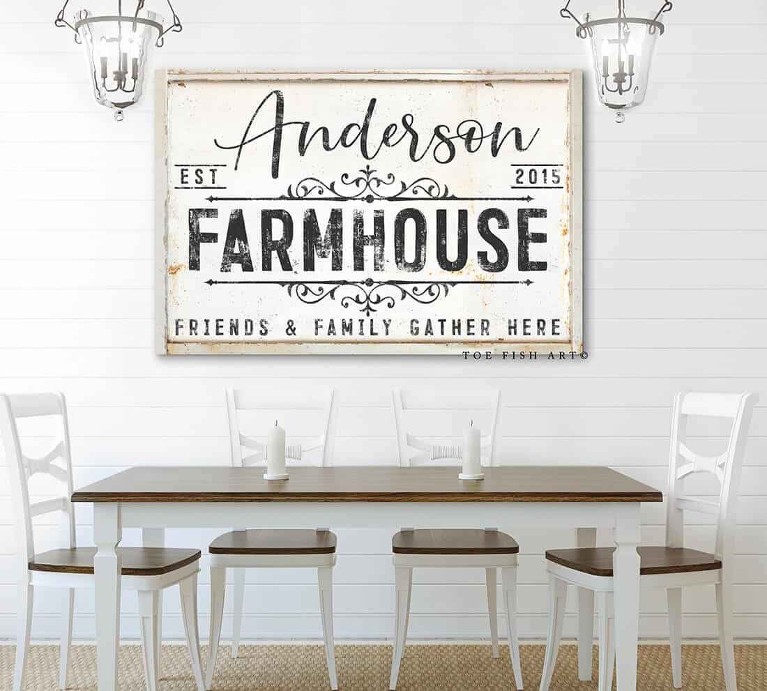 Farmhouse Welcome To Our Home Sign handmade by ToeFishArt. Original, custom, personalized wall decor signs. Canvas, Wood or Metal. Rustic modern farmhouse, cottagecore, vintage, retro, industrial, Americana, primitive, country, coastal, minimalist.