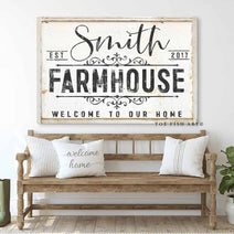 Farmhouse Welcome To Our Home Sign handmade by ToeFishArt. Original, custom, personalized wall decor signs. Canvas, Wood or Metal. Rustic modern farmhouse, cottagecore, vintage, retro, industrial, Americana, primitive, country, coastal, minimalist.