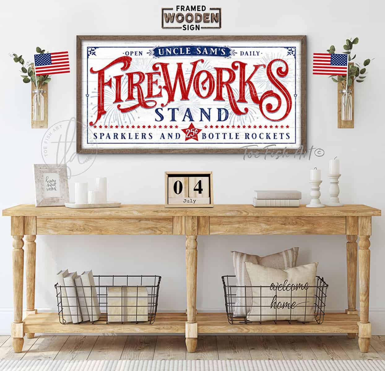 Fireworks Stand Personalized Sign, 4th of July Patriotic Independence Day Decoration, Framed Hardwood Shiplap handmade by ToeFishArt. Original, custom, personalized wall decor signs. Canvas, Wood or Metal. Rustic modern farmhouse, cottagecore, vintage, retro, industrial, Americana, primitive, country, coastal, minimalist.