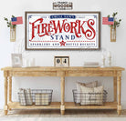 Fireworks Stand Personalized Sign, 4th of July Patriotic Independence Day Decoration, Framed Hardwood Shiplap handmade by ToeFishArt. Original, custom, personalized wall decor signs. Canvas, Wood or Metal. Rustic modern farmhouse, cottagecore, vintage, retro, industrial, Americana, primitive, country, coastal, minimalist.