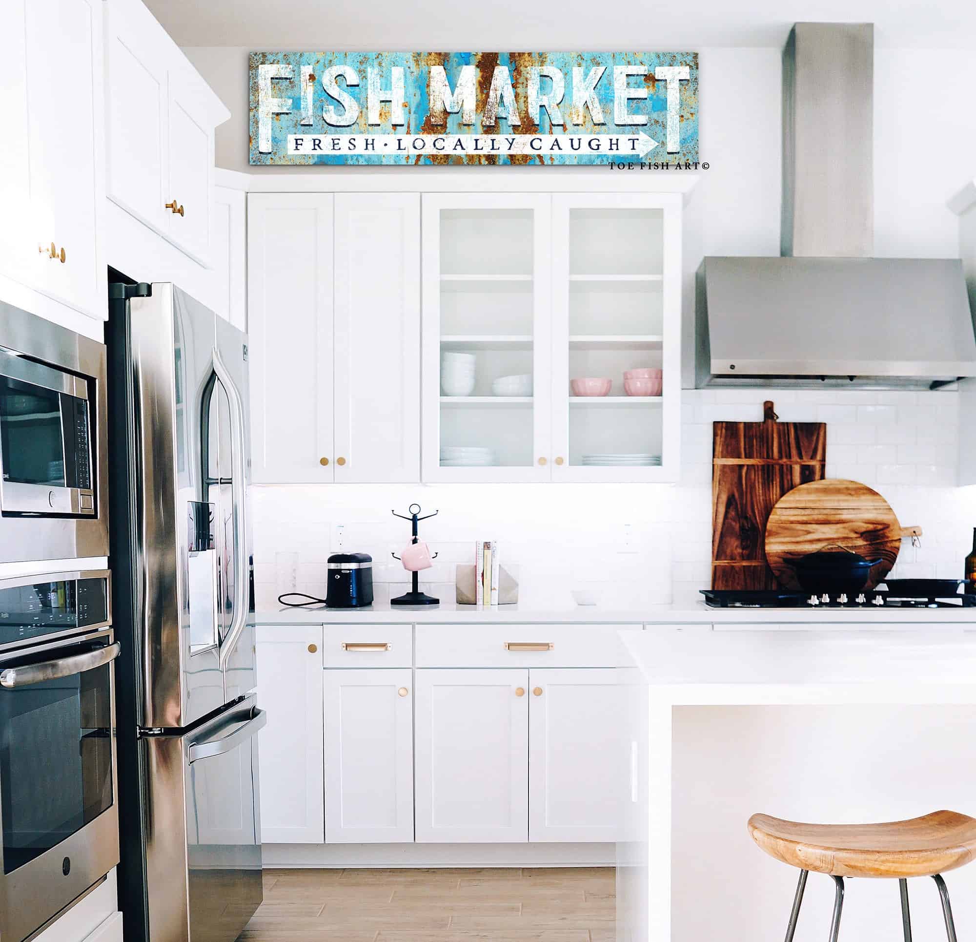 Fish Market Sign Fresh Locally Caught Rustic Vintage Coastal Style handmade by ToeFishArt. Original, custom, personalized wall decor signs. Canvas, Wood or Metal. Rustic modern farmhouse, cottagecore, vintage, retro, industrial, Americana, primitive, country, coastal, minimalist.
