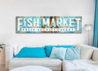 Fish Market Sign Fresh Locally Caught Rustic Vintage Coastal Style handmade by ToeFishArt. Original, custom, personalized wall decor signs. Canvas, Wood or Metal. Rustic modern farmhouse, cottagecore, vintage, retro, industrial, Americana, primitive, country, coastal, minimalist.
