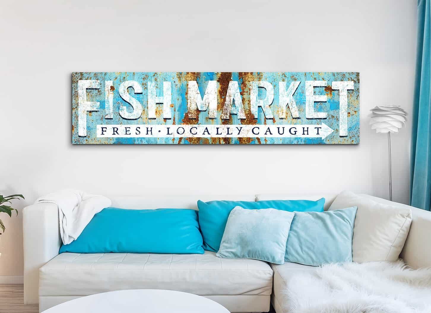 Fish Market Sign Fresh Locally Caught Rustic Vintage Coastal Style handmade by ToeFishArt. Original, custom, personalized wall decor signs. Canvas, Wood or Metal. Rustic modern farmhouse, cottagecore, vintage, retro, industrial, Americana, primitive, country, coastal, minimalist.