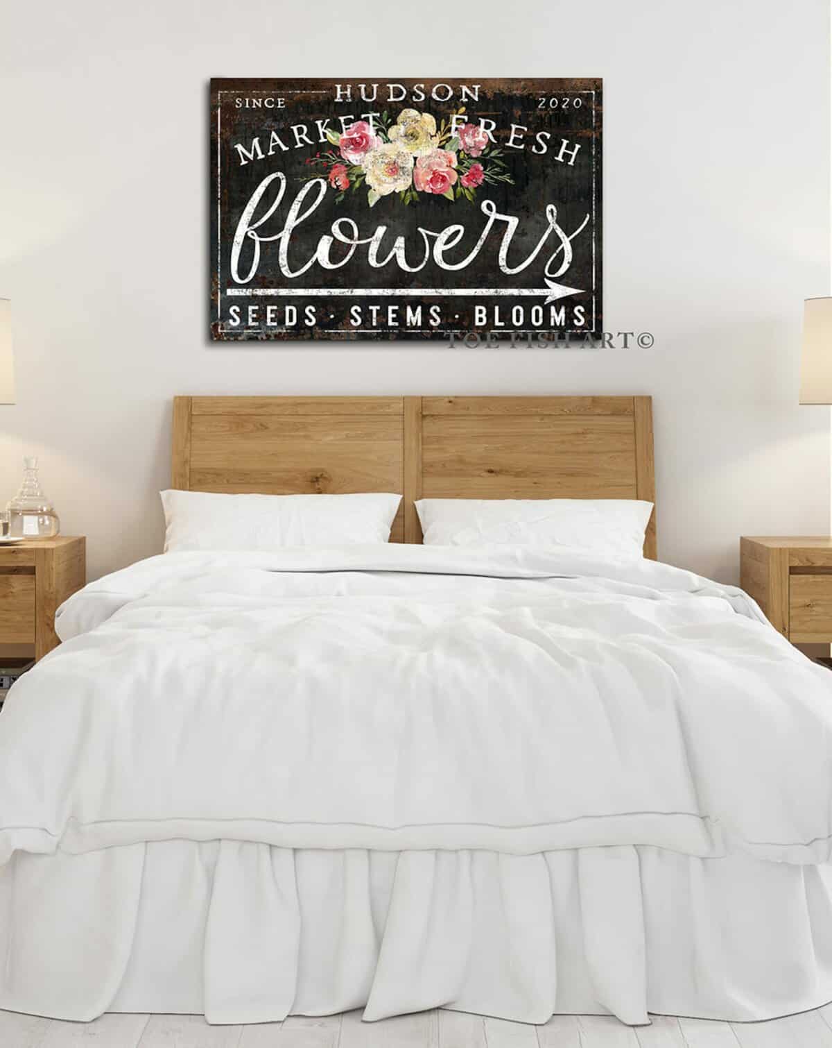Flower Market Personalized Custom Family Name Sign Vintage Farmhouse Wall Décor handmade by ToeFishArt. Original, custom, personalized wall decor signs. Canvas, Wood or Metal. Rustic modern farmhouse, cottagecore, vintage, retro, industrial, Americana, primitive, country, coastal, minimalist.
