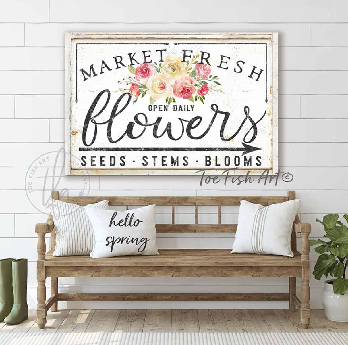 Flower Market Personalized Custom Family Name Sign Vintage Farmhouse Wall Décor handmade by ToeFishArt. Original, custom, personalized wall decor signs. Canvas, Wood or Metal. Rustic modern farmhouse, cottagecore, vintage, retro, industrial, Americana, primitive, country, coastal, minimalist.