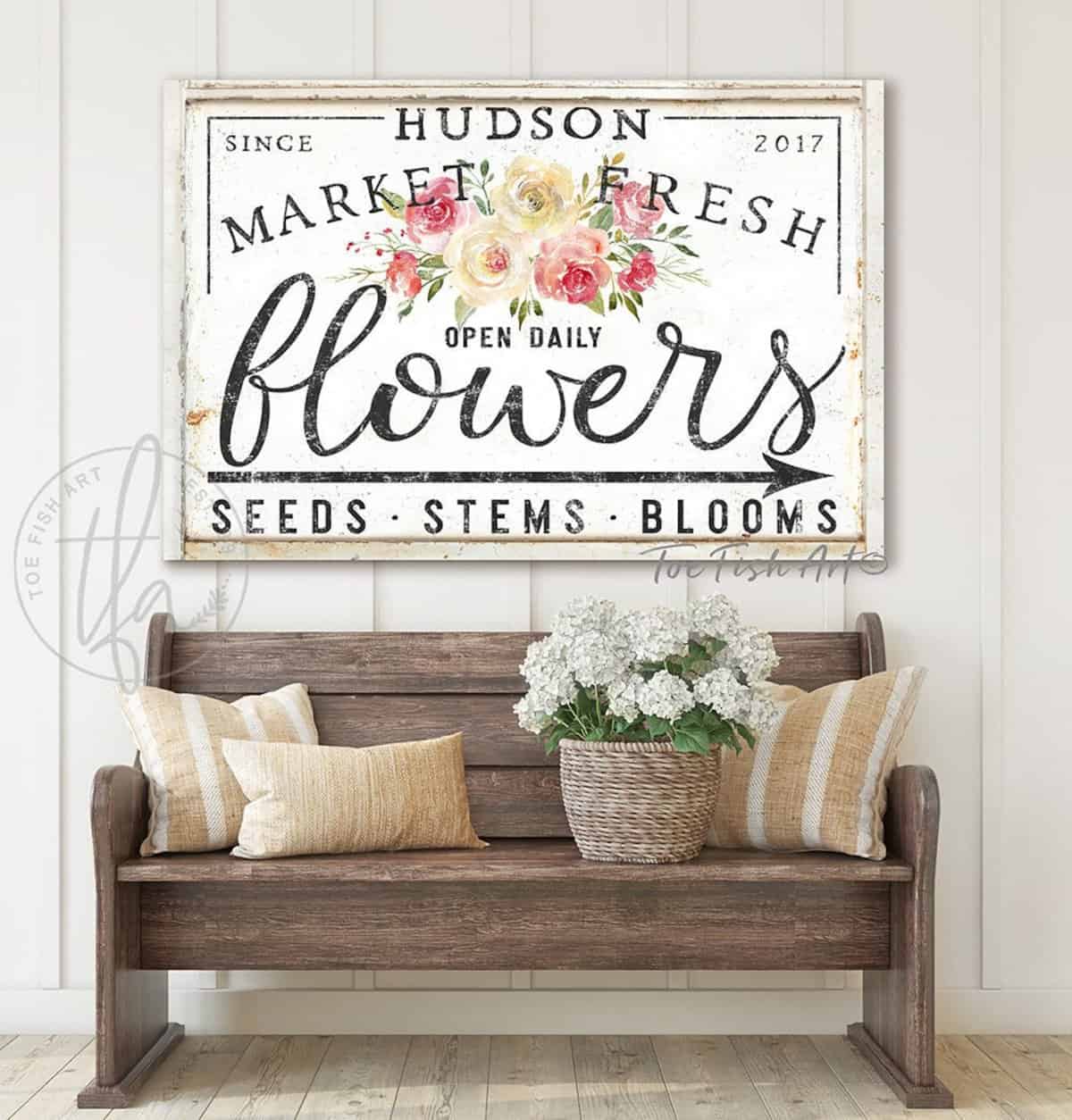 Flower Market Personalized Custom Family Name Sign Vintage Farmhouse Wall Décor handmade by ToeFishArt. Original, custom, personalized wall decor signs. Canvas, Wood or Metal. Rustic modern farmhouse, cottagecore, vintage, retro, industrial, Americana, primitive, country, coastal, minimalist.