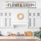 Flower Shop Sign handmade by ToeFishArt. Original, custom, personalized wall decor signs. Canvas, Wood or Metal. Rustic modern farmhouse, cottagecore, vintage, retro, industrial, Americana, primitive, country, coastal, minimalist.