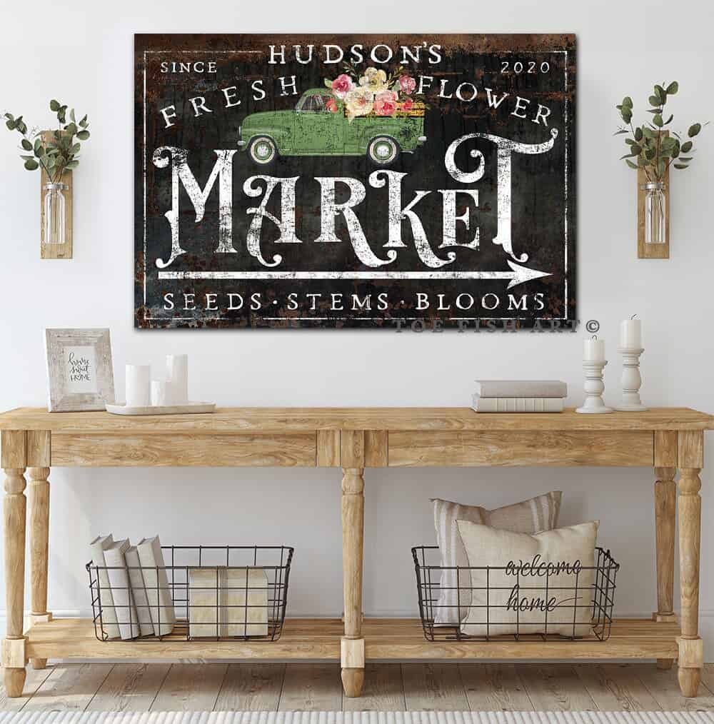 Fresh Flower Market Sign handmade by ToeFishArt. Original, custom, personalized wall decor signs. Canvas, Wood or Metal. Rustic modern farmhouse, cottagecore, vintage, retro, industrial, Americana, primitive, country, coastal, minimalist.