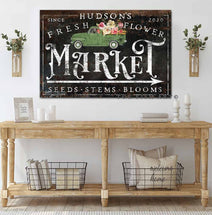 Fresh Flower Market Sign handmade by ToeFishArt. Original, custom, personalized wall decor signs. Canvas, Wood or Metal. Rustic modern farmhouse, cottagecore, vintage, retro, industrial, Americana, primitive, country, coastal, minimalist.
