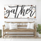 Gather Sign handmade by ToeFishArt. Original, custom, personalized wall decor signs. Canvas, Wood or Metal. Rustic modern farmhouse, cottagecore, vintage, retro, industrial, Americana, primitive, country, coastal, minimalist.