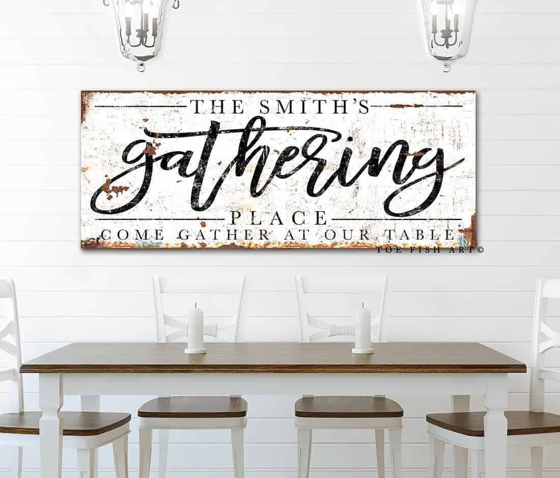 Gathering Place Sign handmade by ToeFishArt. Original, custom, personalized wall decor signs. Canvas, Wood or Metal. Rustic modern farmhouse, cottagecore, vintage, retro, industrial, Americana, primitive, country, coastal, minimalist.