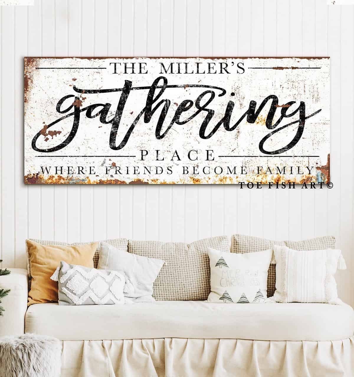 Gathering Place Sign handmade by ToeFishArt. Original, custom, personalized wall decor signs. Canvas, Wood or Metal. Rustic modern farmhouse, cottagecore, vintage, retro, industrial, Americana, primitive, country, coastal, minimalist.