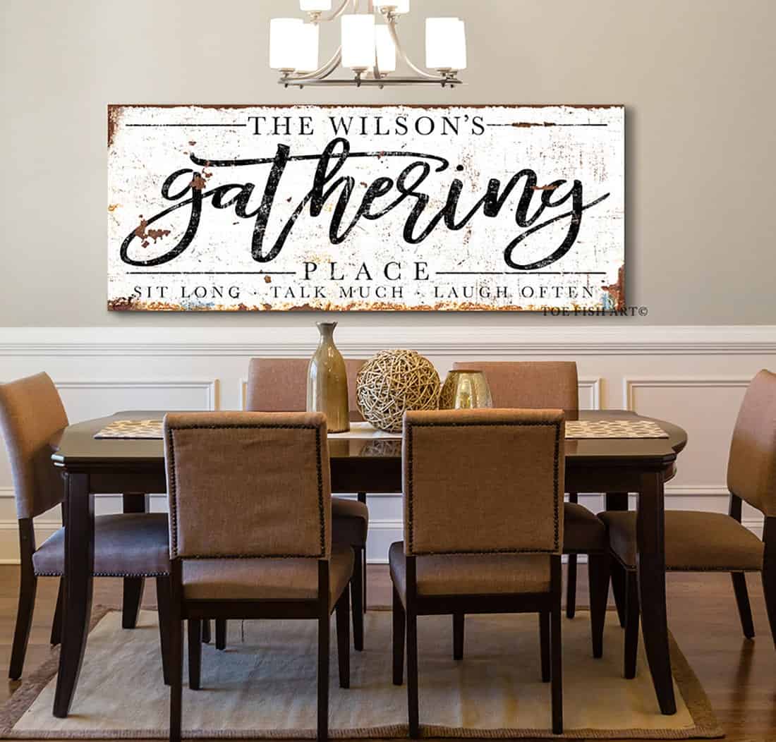 Gathering Place Sign handmade by ToeFishArt. Original, custom, personalized wall decor signs. Canvas, Wood or Metal. Rustic modern farmhouse, cottagecore, vintage, retro, industrial, Americana, primitive, country, coastal, minimalist.