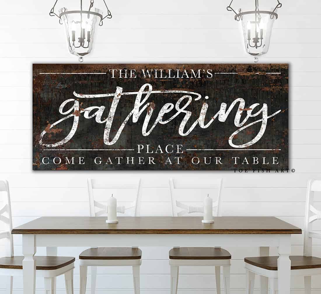 Add a personal touch to any indoor or outdoor space with Toe Fish Art's personalized Gathering Place rustic industrial family name sign. Choose custom wording to fit your style. Be surrounded by decor you LOVE! Choose between premium framed canvas or durable outdoor metal. Toe Fish Art makes artisan wall art with American materials. Proudly Made in the USA, each piece is expertly constructed with genuine craftsmanship, heritage quality, and rustic charm.