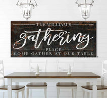 Add a personal touch to any indoor or outdoor space with Toe Fish Art's personalized Gathering Place rustic industrial family name sign. Choose custom wording to fit your style. Be surrounded by decor you LOVE! Choose between premium framed canvas or durable outdoor metal. Toe Fish Art makes artisan wall art with American materials. Proudly Made in the USA, each piece is expertly constructed with genuine craftsmanship, heritage quality, and rustic charm.