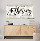 Gathering Place Sign handmade by ToeFishArt. Original, custom, personalized wall decor signs. Canvas, Wood or Metal. Rustic modern farmhouse, cottagecore, vintage, retro, industrial, Americana, primitive, country, coastal, minimalist.