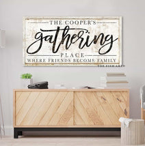 Bring family and friends together with our best-selling Personalized Gathering Place Sign — hand-lettered vintage style artwork custom-made for you by Toe Fish Art. Choose between premium framed canvas or durable outdoor metal. Toe Fish Art makes artisan wall art with American materials. Proudly Made in the USA, each piece is expertly constructed with genuine craftsmanship, heritage quality, and rustic charm.