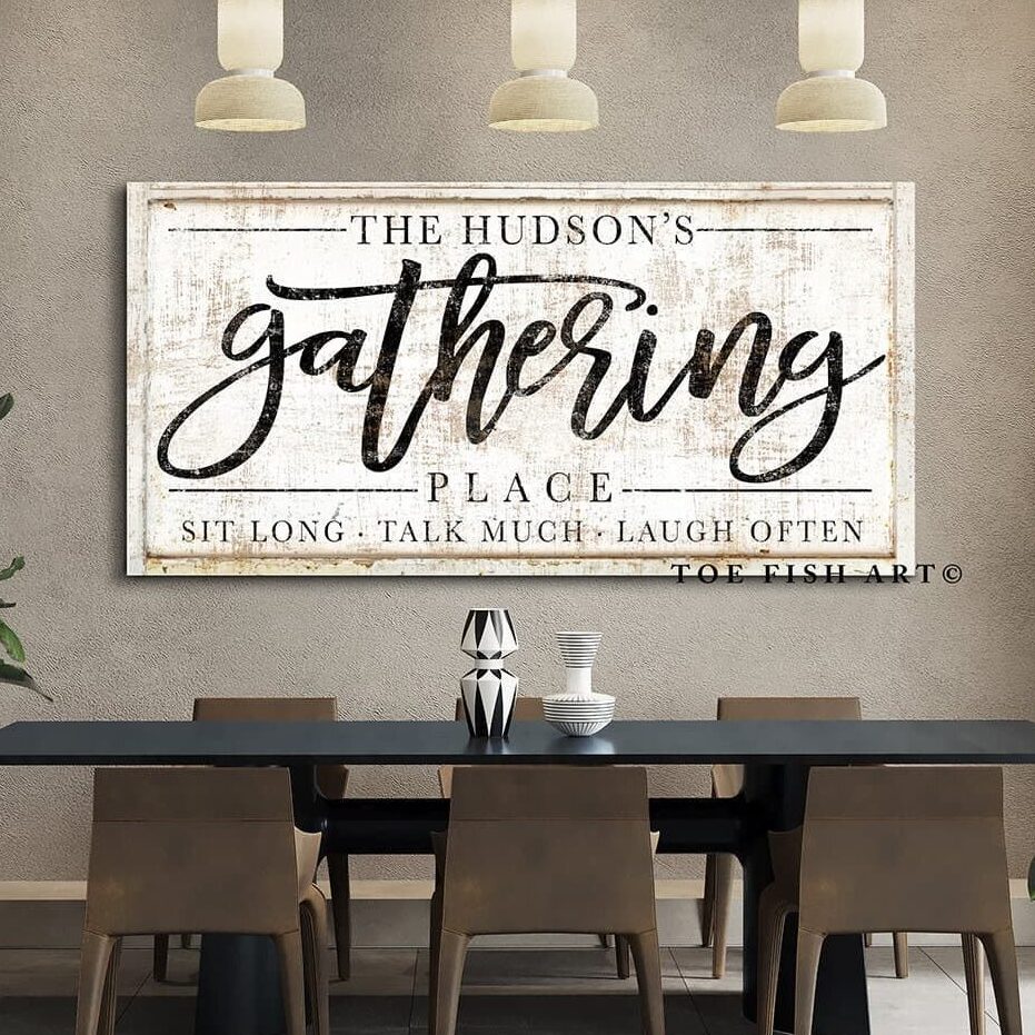 Gathering Place Sign handmade by ToeFishArt. Original, custom, personalized wall decor signs. Canvas, Wood or Metal. Rustic modern farmhouse, cottagecore, vintage, retro, industrial, Americana, primitive, country, coastal, minimalist.