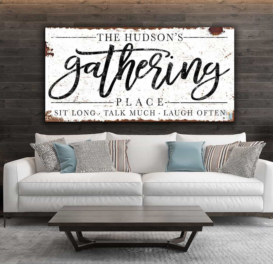Gathering Place Sign handmade by ToeFishArt. Original, custom, personalized wall decor signs. Canvas, Wood or Metal. Rustic modern farmhouse, cottagecore, vintage, retro, industrial, Americana, primitive, country, coastal, minimalist.