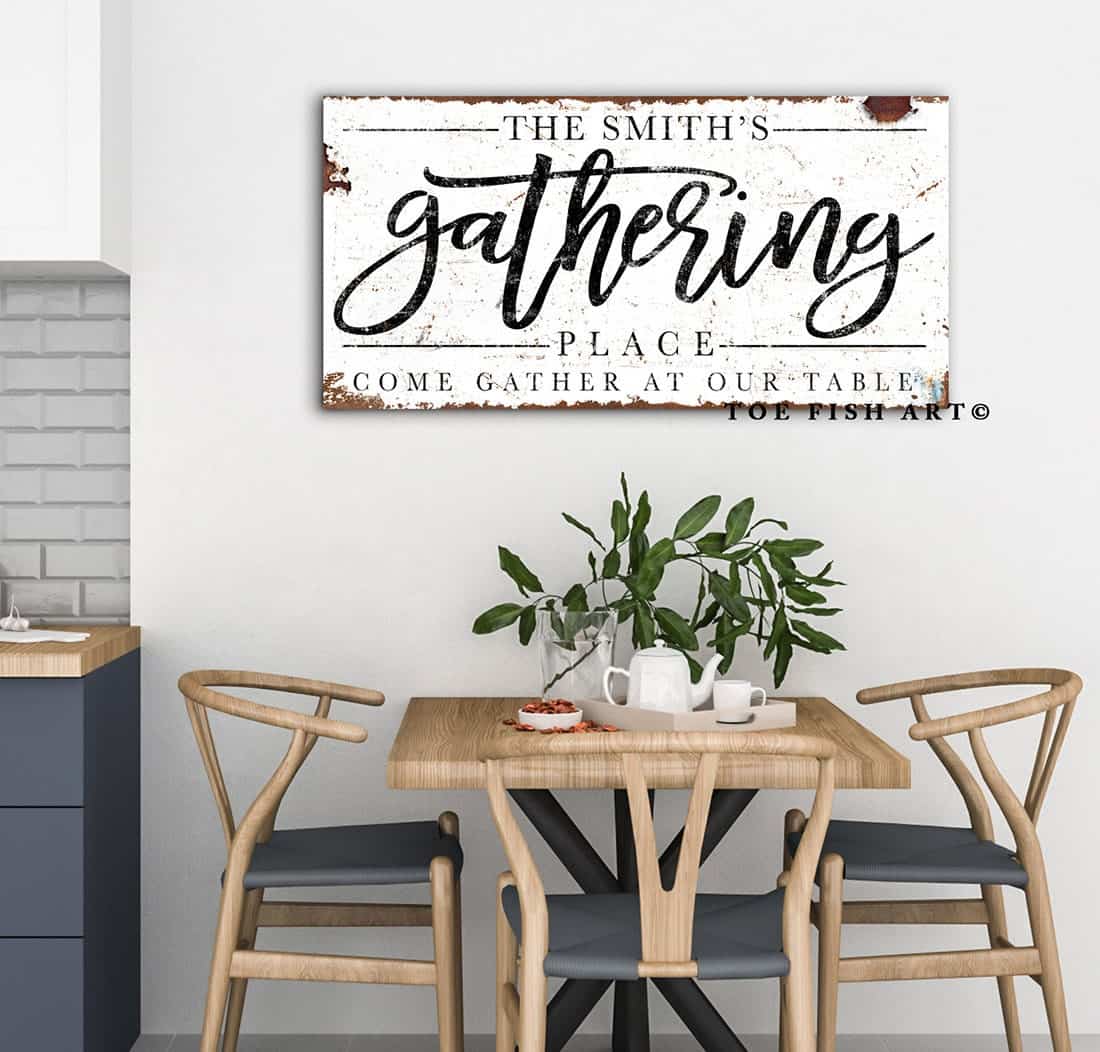 Gathering Place Sign handmade by ToeFishArt. Original, custom, personalized wall decor signs. Canvas, Wood or Metal. Rustic modern farmhouse, cottagecore, vintage, retro, industrial, Americana, primitive, country, coastal, minimalist.