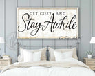 Get Cozy and Stay Awhile Sign handmade by ToeFishArt. Original, custom, personalized wall decor signs. Canvas, Wood or Metal. Rustic modern farmhouse, cottagecore, vintage, retro, industrial, Americana, primitive, country, coastal, minimalist.