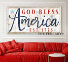 God Bless America Sign handmade by ToeFishArt. Original, custom, personalized wall decor signs. Canvas, Wood or Metal. Rustic modern farmhouse, cottagecore, vintage, retro, industrial, Americana, primitive, country, coastal, minimalist.