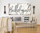 Hallelujah Sign handmade by ToeFishArt. Original, custom, personalized wall decor signs. Canvas, Wood or Metal. Rustic modern farmhouse, cottagecore, vintage, retro, industrial, Americana, primitive, country, coastal, minimalist.