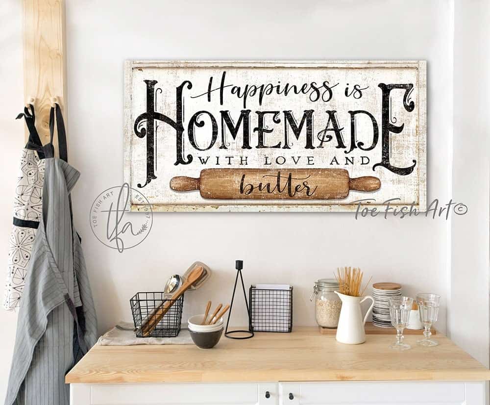 Happiness is Homemade Sign handmade by ToeFishArt. Original, custom, personalized wall decor signs. Canvas, Wood or Metal. Rustic modern farmhouse, cottagecore, vintage, retro, industrial, Americana, primitive, country, coastal, minimalist.
