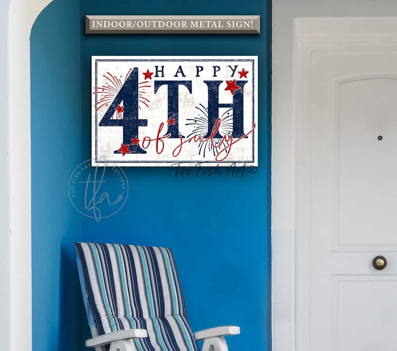 Happy 4th of July Sign handmade by ToeFishArt. Original, custom, personalized wall decor signs. Canvas, Wood or Metal. Rustic modern farmhouse, cottagecore, vintage, retro, industrial, Americana, primitive, country, coastal, minimalist.