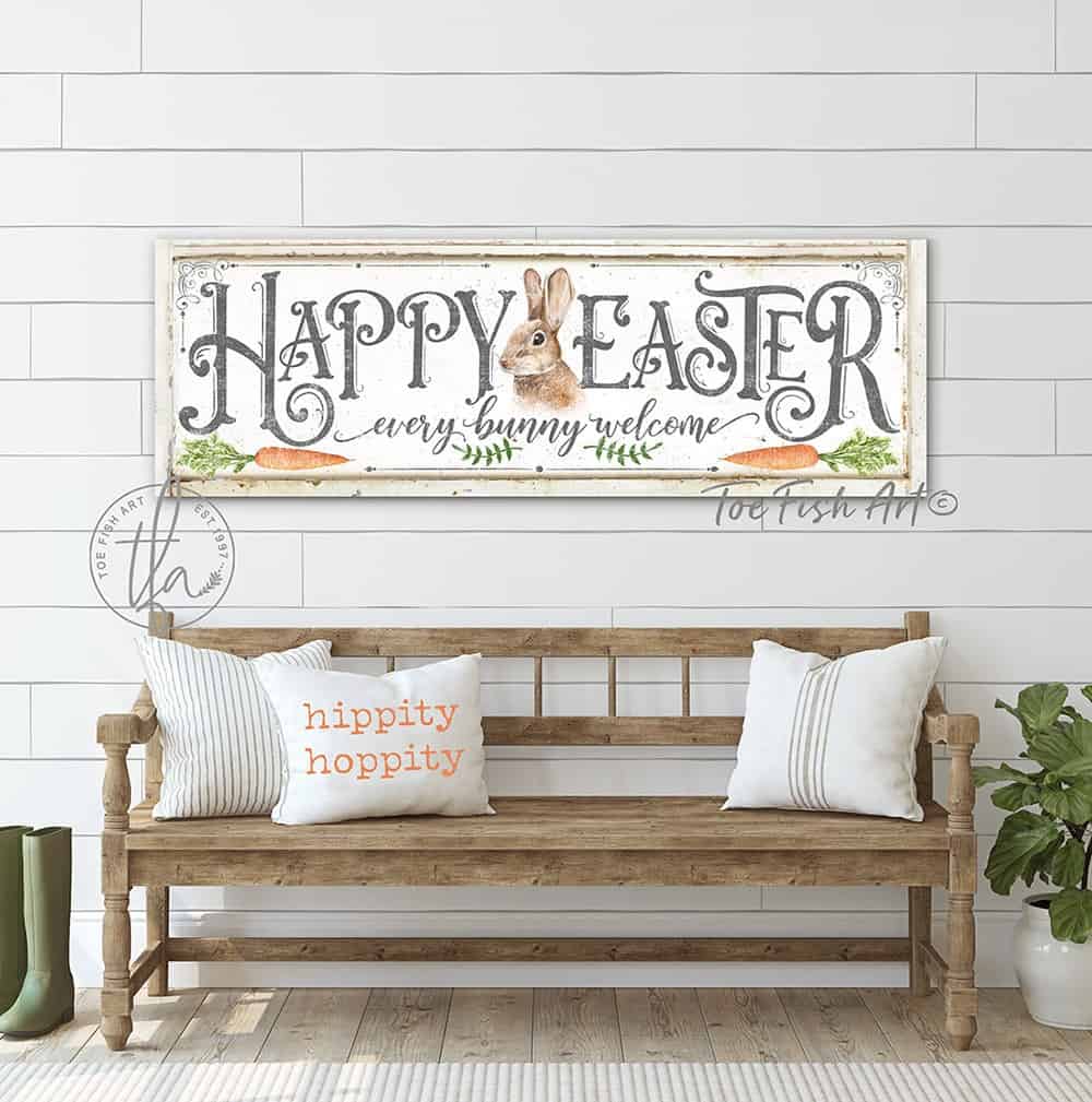 Happy Easter Sign handmade by ToeFishArt. Original, custom, personalized wall decor signs. Canvas, Wood or Metal. Rustic modern farmhouse, cottagecore, vintage, retro, industrial, Americana, primitive, country, coastal, minimalist.