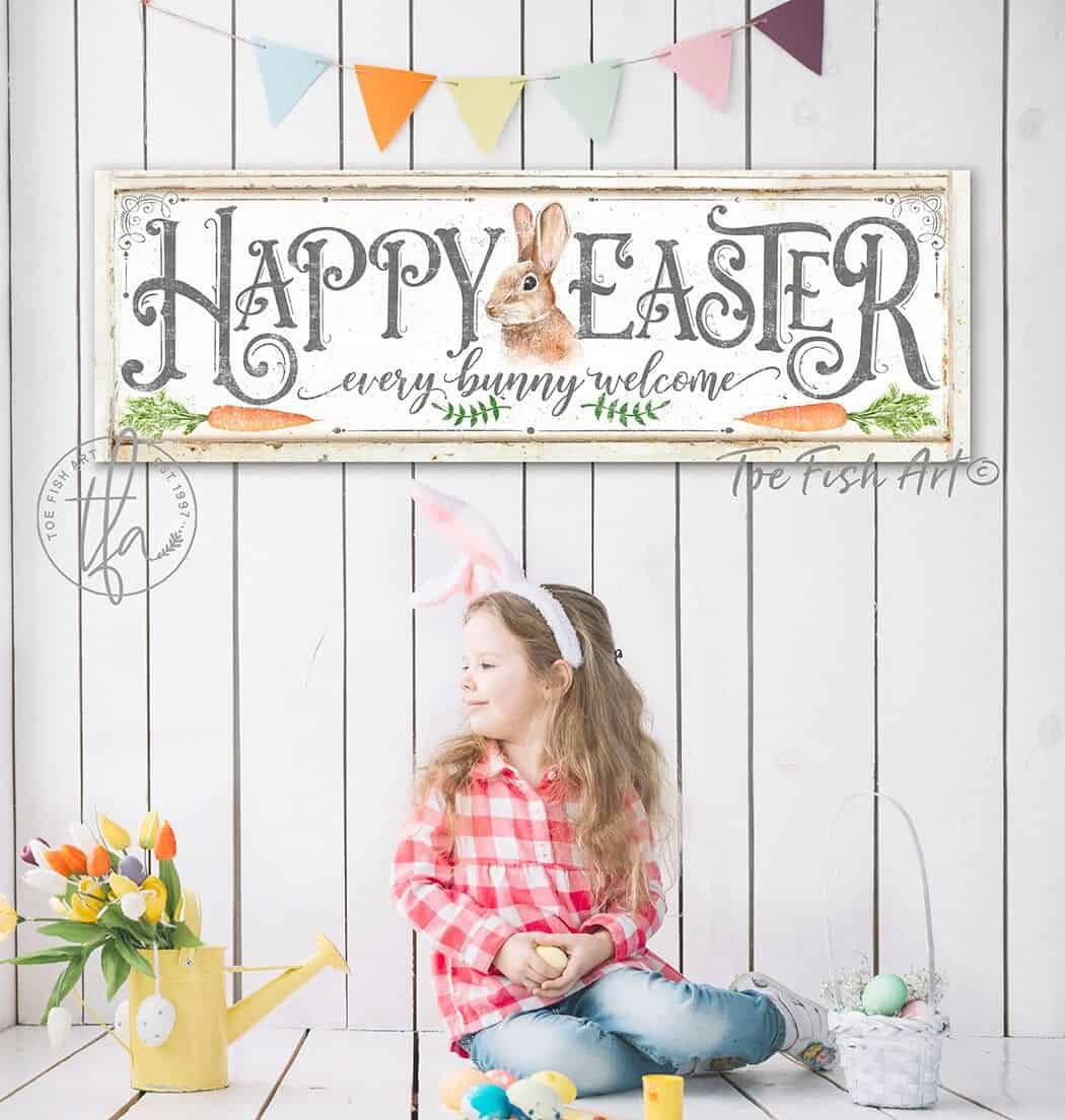 Happy Easter Sign handmade by ToeFishArt. Original, custom, personalized wall decor signs. Canvas, Wood or Metal. Rustic modern farmhouse, cottagecore, vintage, retro, industrial, Americana, primitive, country, coastal, minimalist.