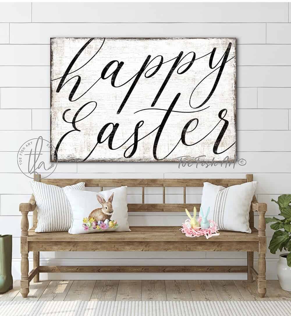 Happy Easter Sign handmade by ToeFishArt. Original, custom, personalized wall decor signs. Canvas, Wood or Metal. Rustic modern farmhouse, cottagecore, vintage, retro, industrial, Americana, primitive, country, coastal, minimalist.