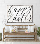 Happy Easter Sign handmade by ToeFishArt. Original, custom, personalized wall decor signs. Canvas, Wood or Metal. Rustic modern farmhouse, cottagecore, vintage, retro, industrial, Americana, primitive, country, coastal, minimalist.