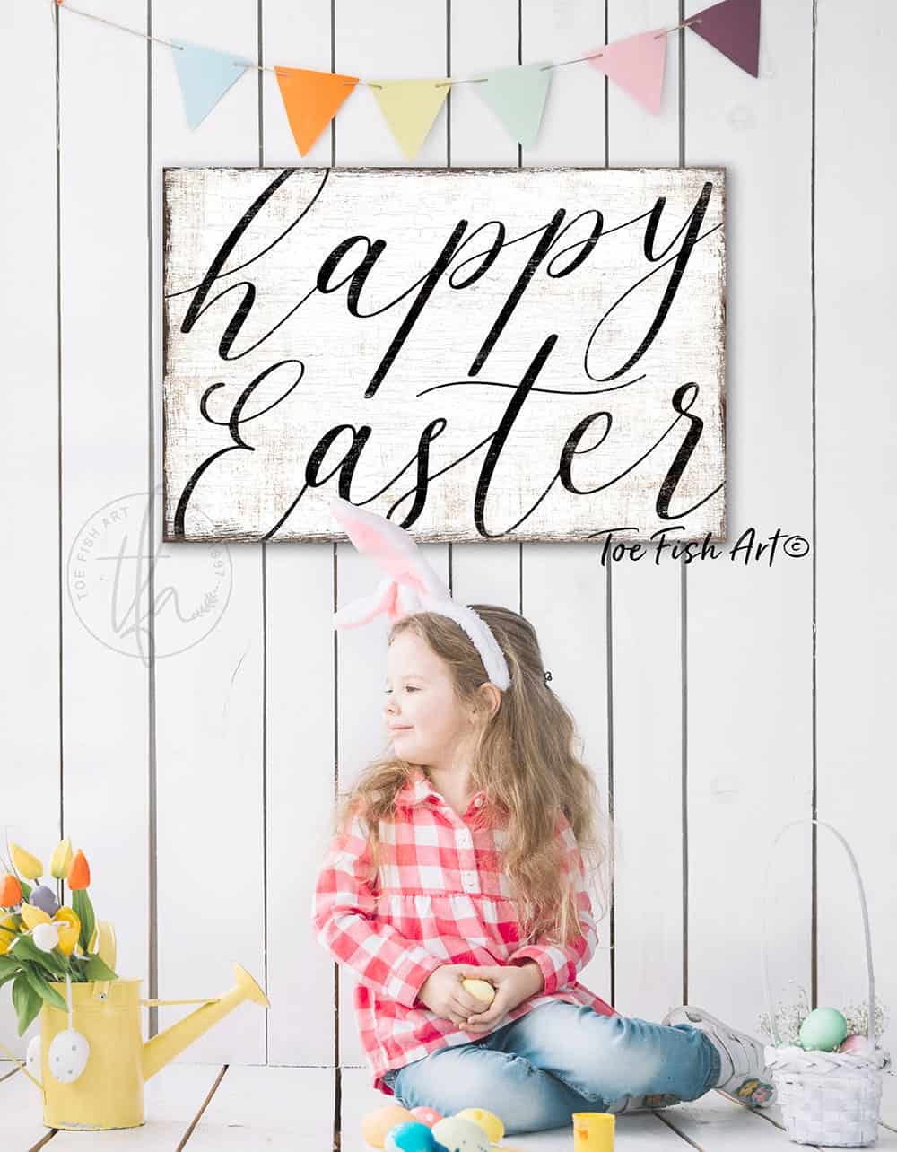 Happy Easter Sign handmade by ToeFishArt. Original, custom, personalized wall decor signs. Canvas, Wood or Metal. Rustic modern farmhouse, cottagecore, vintage, retro, industrial, Americana, primitive, country, coastal, minimalist.