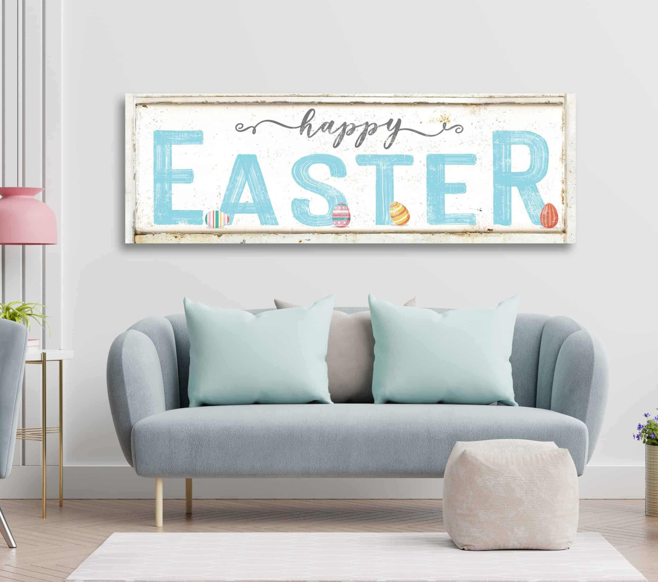Happy Easter Sign handmade by ToeFishArt. Original, custom, personalized wall decor signs. Canvas, Wood or Metal. Rustic modern farmhouse, cottagecore, vintage, retro, industrial, Americana, primitive, country, coastal, minimalist.