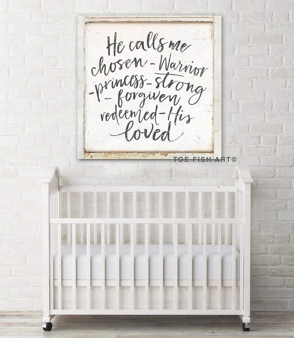 He Calls Me Chosen Sign handmade by ToeFishArt. Original, custom, personalized wall decor signs. Canvas, Wood or Metal. Rustic modern farmhouse, cottagecore, vintage, retro, industrial, Americana, primitive, country, coastal, minimalist.