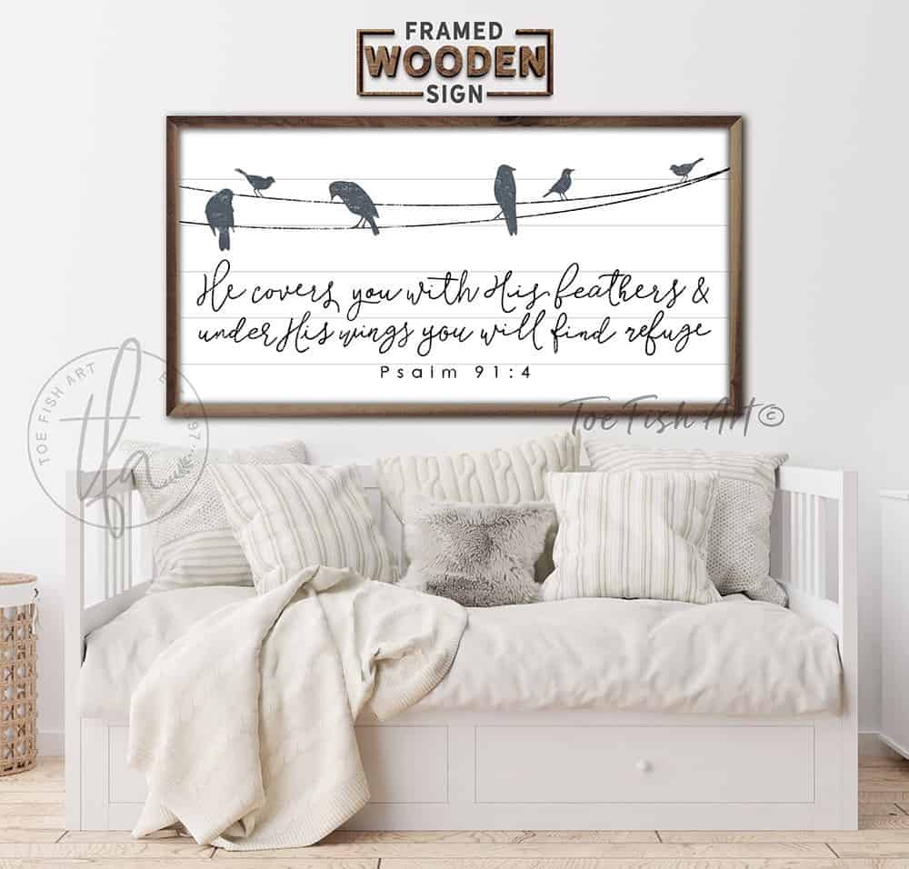 He Covers You With His Feathers Sign handmade by ToeFishArt. Original, custom, personalized wall decor signs. Canvas, Wood or Metal. Rustic modern farmhouse, cottagecore, vintage, retro, industrial, Americana, primitive, country, coastal, minimalist.