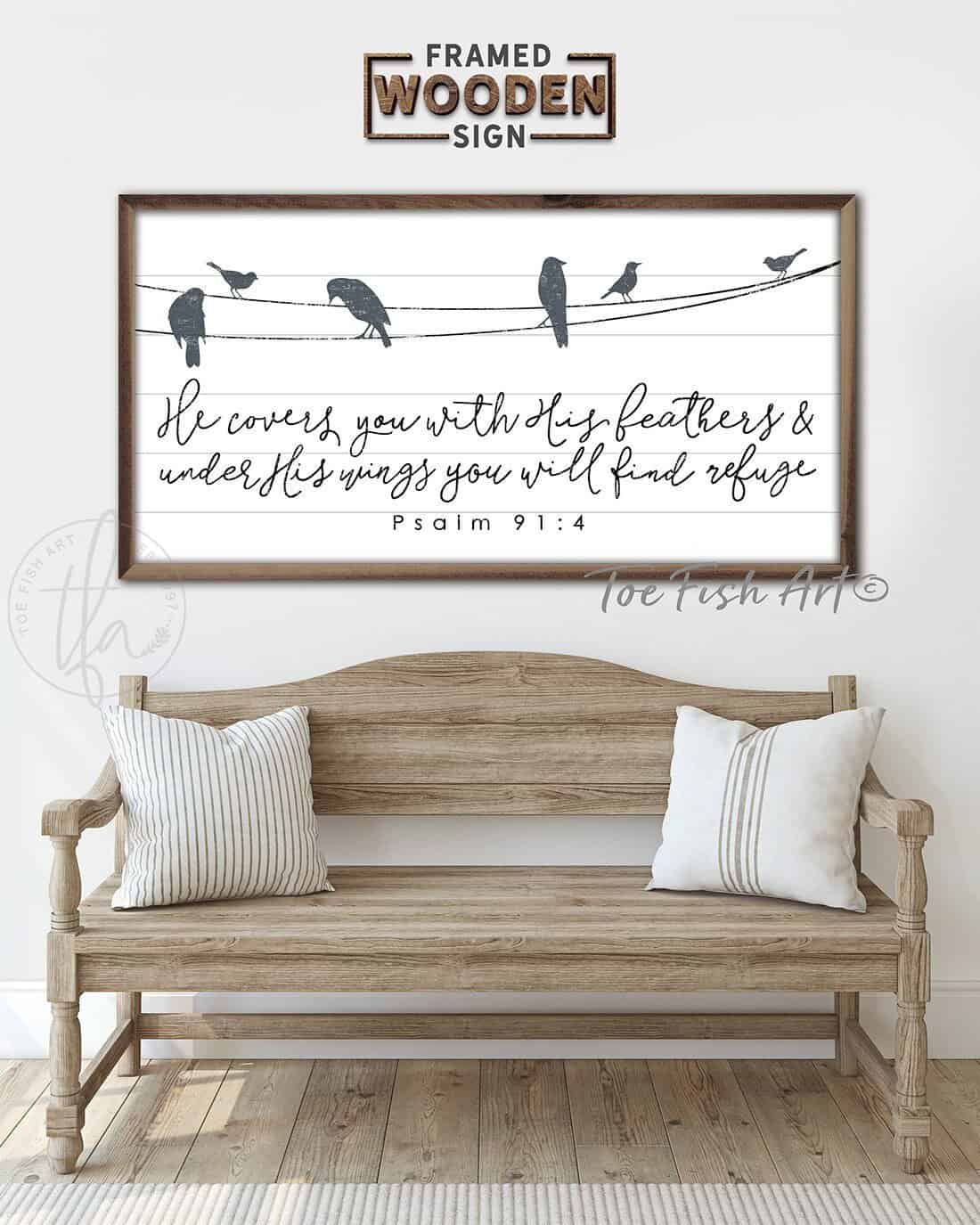 He Covers You With His Feathers Sign handmade by ToeFishArt. Original, custom, personalized wall decor signs. Canvas, Wood or Metal. Rustic modern farmhouse, cottagecore, vintage, retro, industrial, Americana, primitive, country, coastal, minimalist. Bible Verse Sign