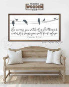 He Covers You With His Feathers Sign handmade by ToeFishArt. Original, custom, personalized wall decor signs. Canvas, Wood or Metal. Rustic modern farmhouse, cottagecore, vintage, retro, industrial, Americana, primitive, country, coastal, minimalist. Bible Verse Sign