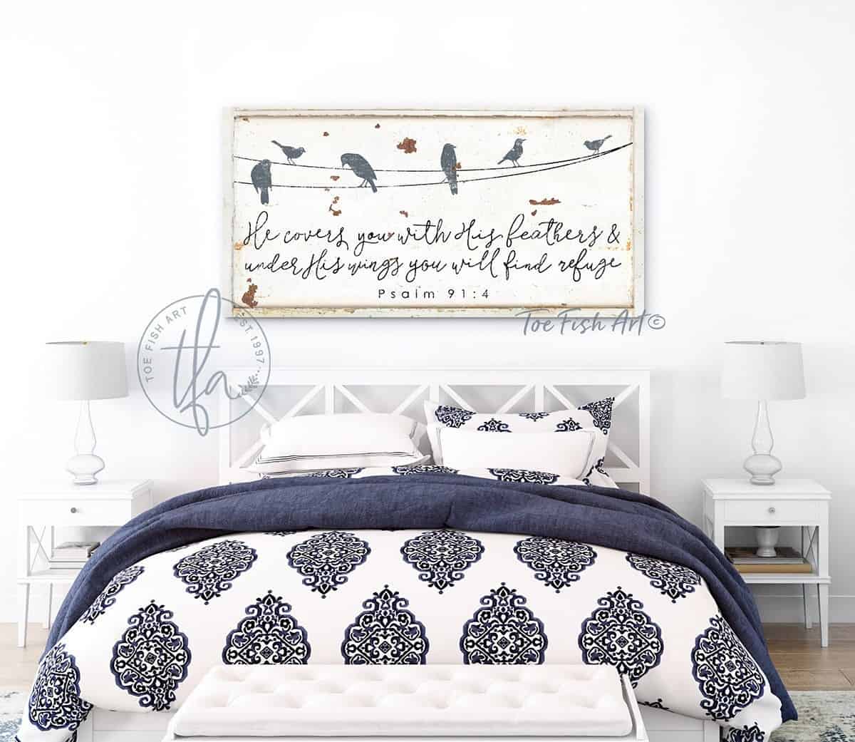 He Covers You With His Feathers Sign handmade by ToeFishArt. Original, custom, personalized wall decor signs. Canvas, Wood or Metal. Rustic modern farmhouse, cottagecore, vintage, retro, industrial, Americana, primitive, country, coastal, minimalist.
